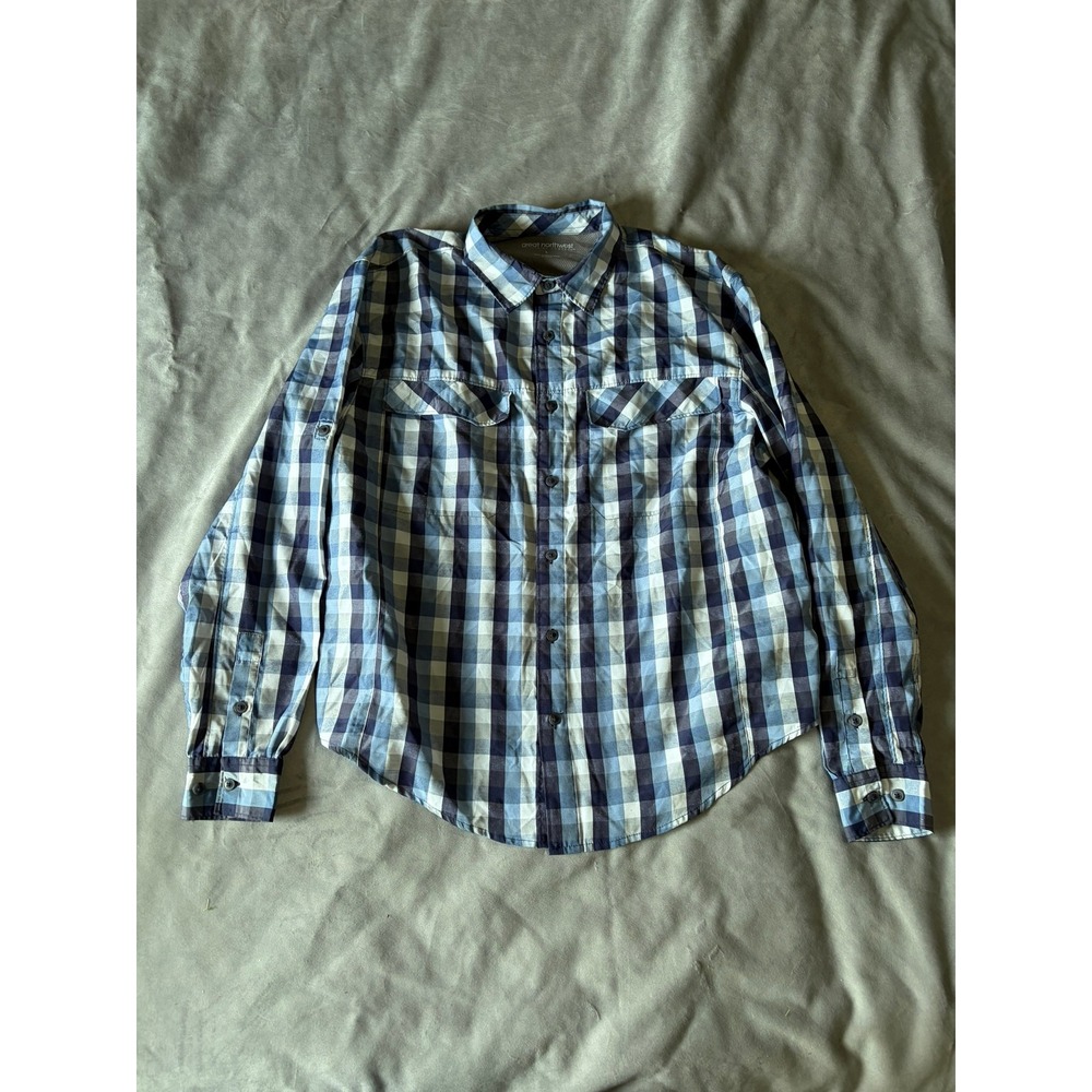 Great Northwest Mens Blue Buffalo Check Button Down Shirt Roll Tab Sleeve Large